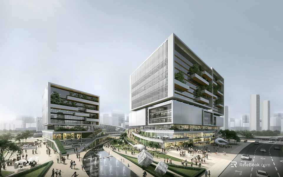 Modern Office Building With Glass Facade Green Plants And Urban Pedestrian Plaza Area 3d model 
