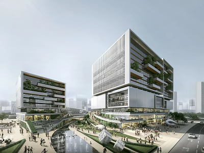 Modern Office Building With Glass Facade Green Plants And Urban Pedestrian Plaza Area 3d model