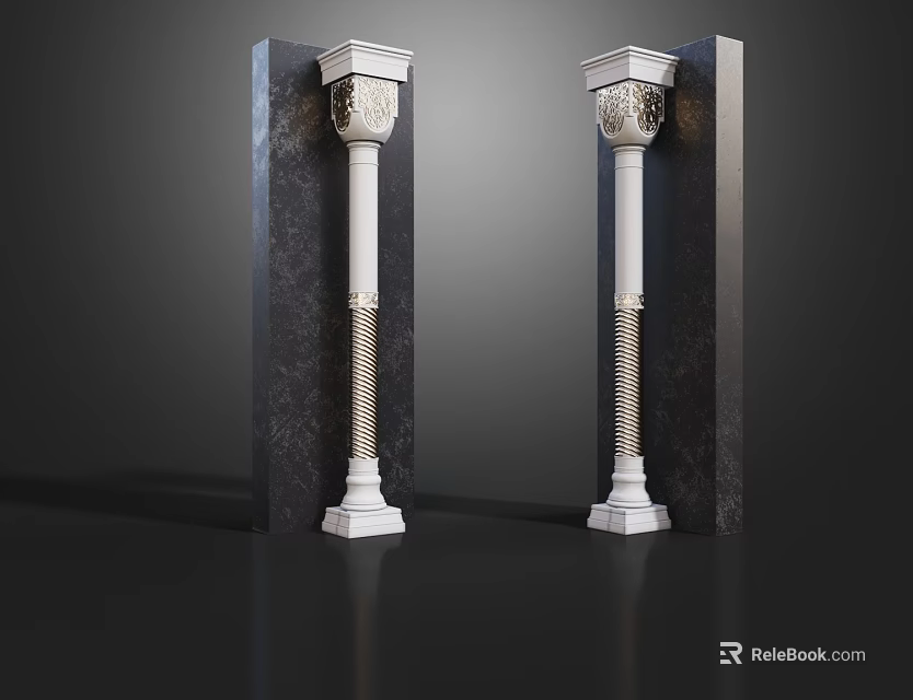 Ornate White Columns With Intricate Carvings On Dark Background 3d model 