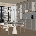 Modern Restaurant Interior With White Cabinets Dining Table Pendant Lights And Blinds 3d model