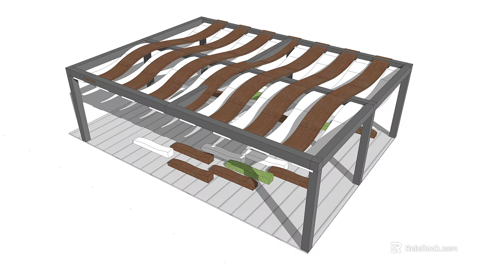 Modern Pergola Design With Wavy Wooden Slats And Metal Frame Structure 3d model 