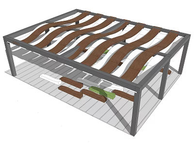 Modern Pergola Design With Wavy Wooden Slats And Metal Frame Structure 3d model