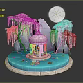 Weeping Pink Trees And Lotus Plants Around White Pavilion On Blue Platform Under Full Moon