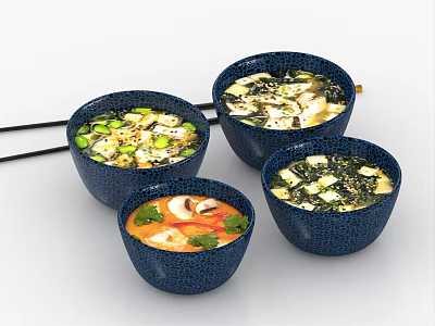 Assorted Homemade Soups in Blue Speckled Bowls with Vegetables Tofu and Chopsticks 3d model