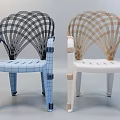 Blue And Gold Woven Armchairs With Fan Shaped Backrest And White Legs