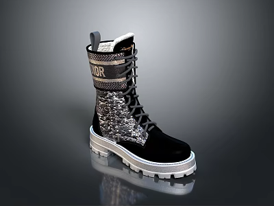 Stylish Black Dior Boots With Silver Details White Sole And Snake Print Texture 3d model