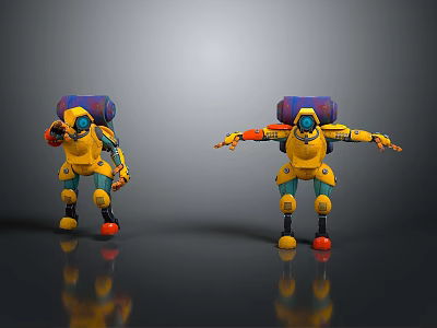 Yellow Robot Characters With Blue Purple Backpacks Orange Arms Red Feet in Different Poses 3d model