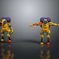 Yellow Robot Characters With Blue Purple Backpacks Orange Arms Red Feet in Different Poses