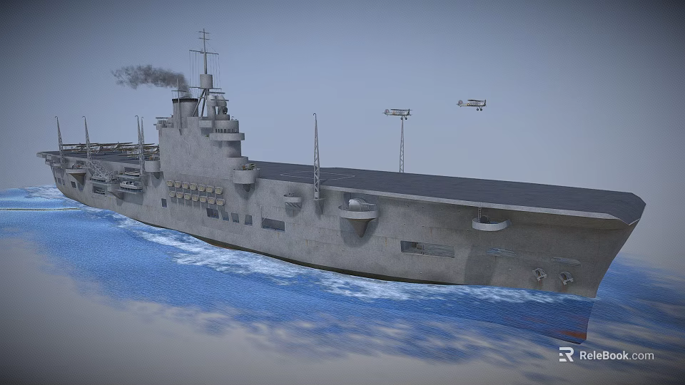 Large Grey Warship Sailing On Blue Ocean With Flight Deck And Smoke Stack 3d model