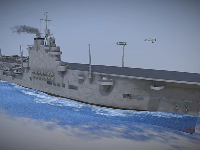 Large Grey Warship Sailing On Blue Ocean With Flight Deck And Smoke Stack 3d model