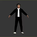 Man In Black Jacket White Shirt Black Pants White Shoes Arms Outstretched Against Gray Background