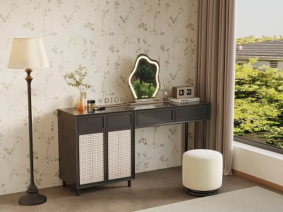 Modern Black Dressing Table Interior With Rattan Door Drawers Mirror White Stool And Floral Wallpaper 3d model