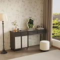 Modern Black Dressing Table Interior With Rattan Door Drawers Mirror White Stool And Floral Wallpaper