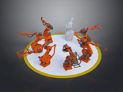 Game and Movie Character Scene with Orange Robotic Arms Surrounding White Statue on Circular Platform 3d model