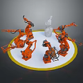 Game and Movie Character Scene with Orange Robotic Arms Surrounding White Statue on Circular Platform