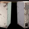 Old Rusted Refrigerator With Open Door And Visible Interior Shelves