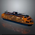 Orange Multi Deck Water Ferry With Flags And Large Windows On Reflective Surface