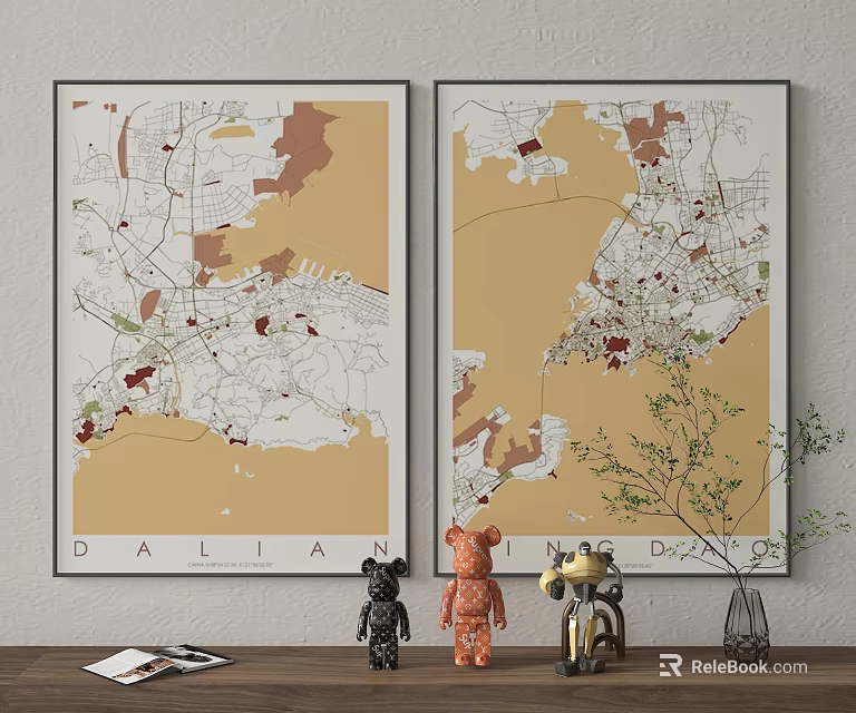 Dalian Map Art Prints As Wall Decor With Table Items 3d model
