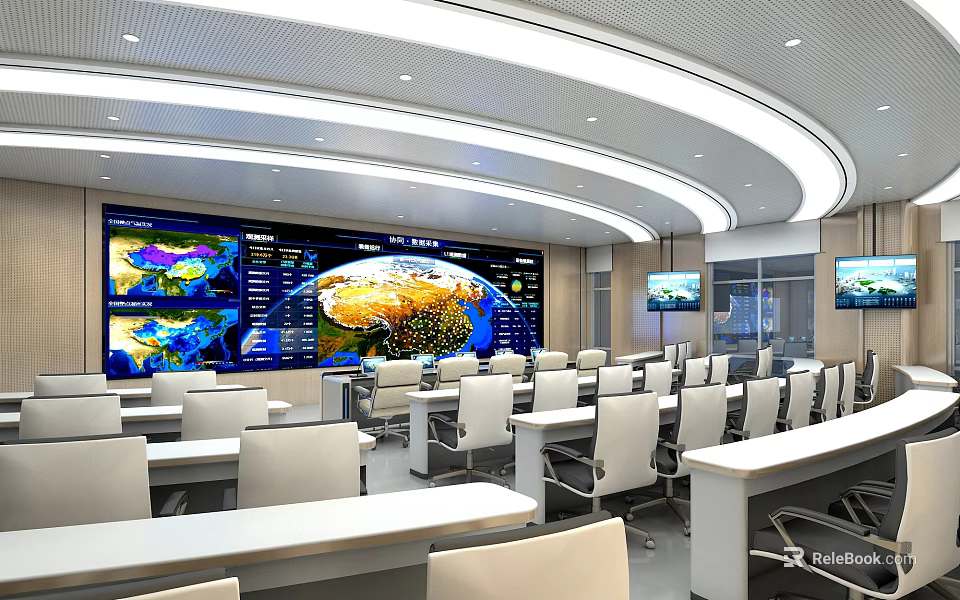 Modern Conference Room With Large Display Screens Earth Map Data Visualization Tables And Chairs 3d model 