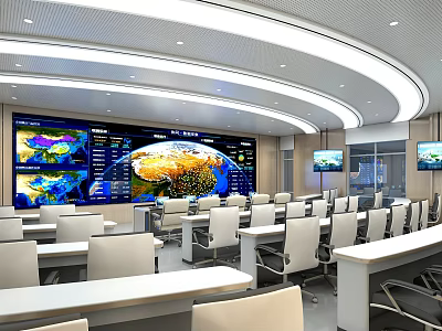 Modern Conference Room With Large Display Screens Earth Map Data Visualization Tables And Chairs 3d model