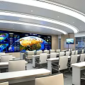 Modern Conference Room With Large Display Screens Earth Map Data Visualization Tables And Chairs 3d model