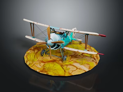 Light Blue Vintage Biplane Passenger Plane Model With Propeller On Grassy Rocky Base 3d model