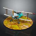 Light Blue Vintage Biplane Passenger Plane Model With Propeller On Grassy Rocky Base