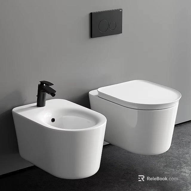 Wall Mounted White Toilet And Bidet With Black Faucet On Gray Wall 3d model 