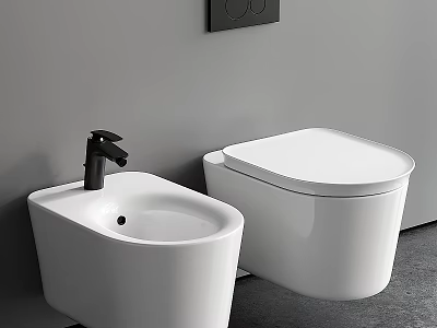 Wall Mounted White Toilet And Bidet With Black Faucet On Gray Wall 3d model
