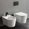 Wall Mounted White Toilet And Bidet With Black Faucet On Gray Wall