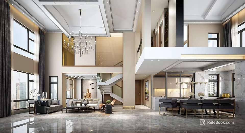 Modern Spacious Duplex Living Room Interior With High Ceiling Chandelier Staircase And Sofa 3d model 