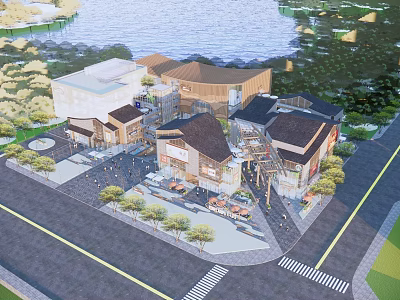 Scenic Commercial Street With Modern Buildings Greenery Waterfront Pedestrian Walkways And Outdoor Seating 3d model