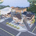 Scenic Commercial Street With Modern Buildings Greenery Waterfront Pedestrian Walkways And Outdoor Seating