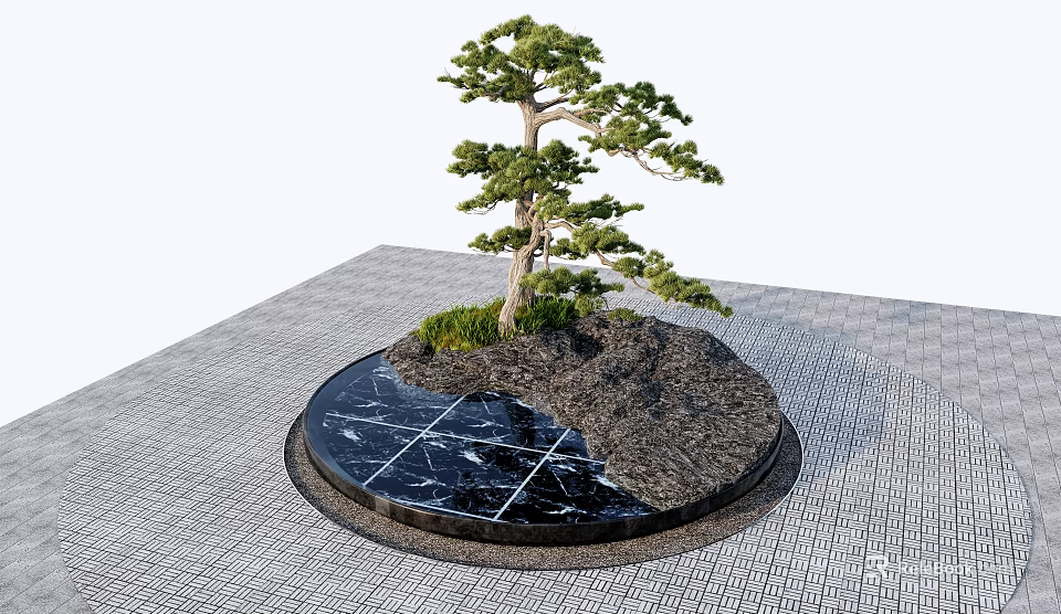 Garden Ornament With Circular Base Shaped Tree Rocks And Greenery On Black Marble 3d model 