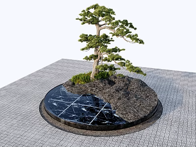 Garden Ornament With Circular Base Shaped Tree Rocks And Greenery On Black Marble 3d model