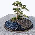 Garden Ornament With Circular Base Shaped Tree Rocks And Greenery On Black Marble
