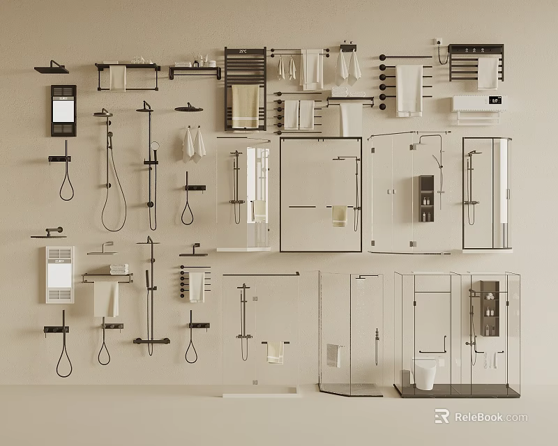 Modern Variety of Shower Heads with Bathroom Accessories Shelves Mirrors and Glass Partitions 3d model 