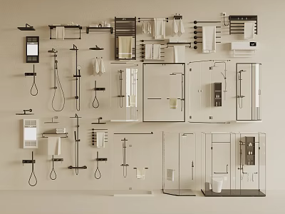 Modern Variety of Shower Heads with Bathroom Accessories Shelves Mirrors and Glass Partitions 3d model