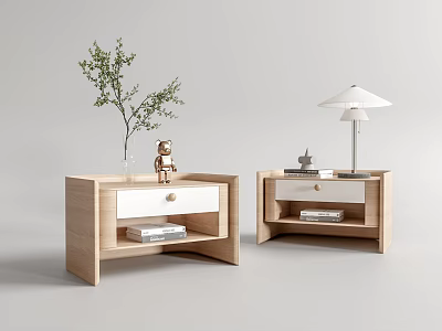 Light Wood Bedside Tables with Drawer Open Shelf Greenery Vase Teddy Bear and Table Lamp 3d model