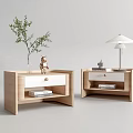 Light Wood Bedside Tables with Drawer Open Shelf Greenery Vase Teddy Bear and Table Lamp