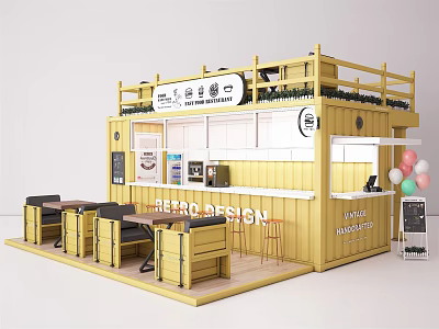 Modern Yellow Container Building Coffee Shop With Outdoor Tables And Chairs 3d model