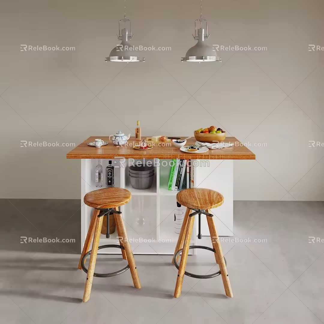 Dining Table and Chair Function Table Chandelier Round Stool Fruit Tray Teapot Books Wine Bottle 3d model