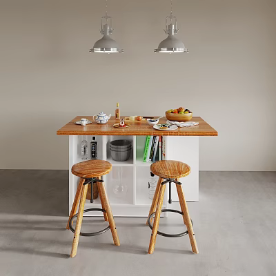 Functional Wooden Table With Storage Cabinets Bookshelf Two Stools Fruit And Tableware 3d model