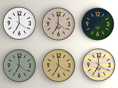 Six Round Clocks With Various Designs Different Colors And Decorative Patterns 3d model