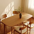 Natural Wooden Dining Table With Four Chairs Vase Green Plant And Sunlight Through Window