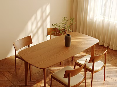 Natural Wooden Dining Table With Four Chairs Vase Green Plant And Sunlight Through Window 3d model