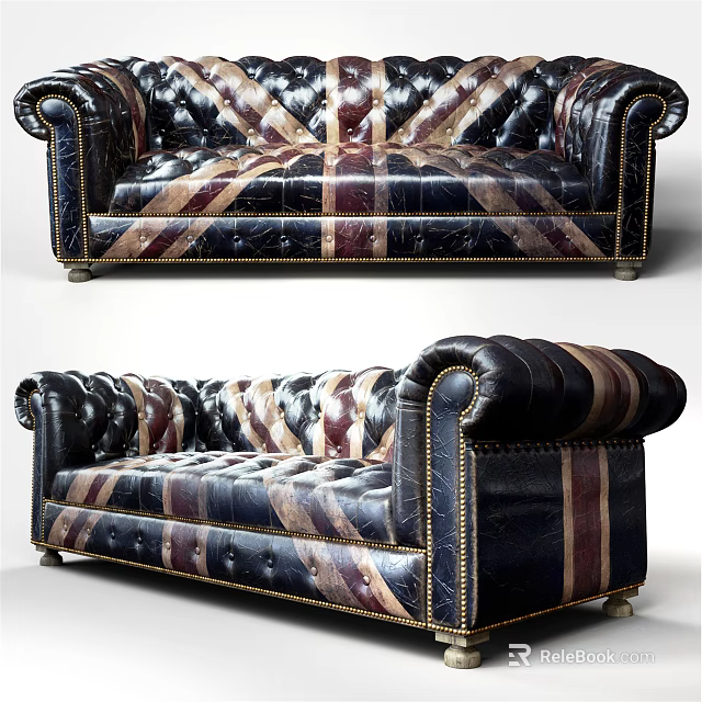 Classic Leather Multi Seater Sofa With Tufted Design And Striped Pattern 3d model 