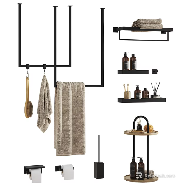 Modern Bathroom Essentials with Towel Rack Shelves Bottles Brush and Organizer Table 3d model 