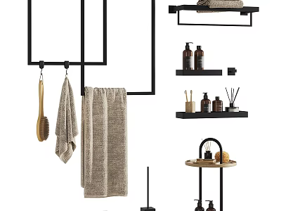 Modern Bathroom Essentials with Towel Rack Shelves Bottles Brush and Organizer Table 3d model