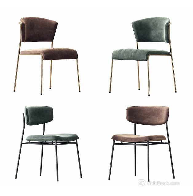 Modern Minimalist Dining Chairs With Velvet Upholstered Brown Green Gold And Black Metal Legs 3d model 